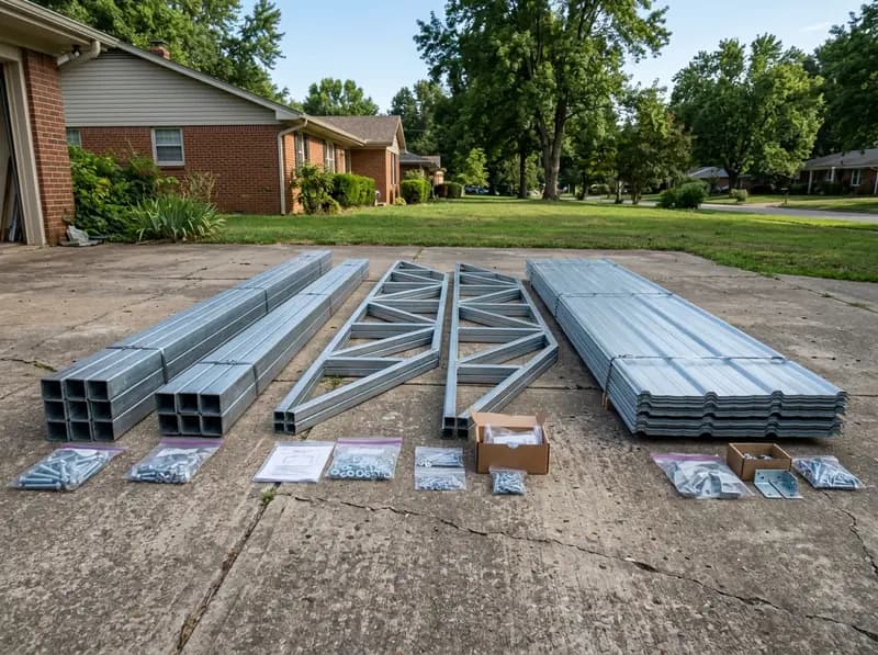 Steel carport kit parts, posts, trusses, and roof panels laid out ready for assembly