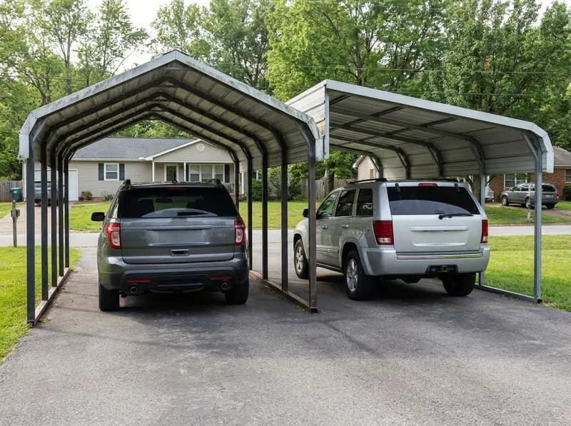 Two steel carports with different roof styles standing side by side for comparison