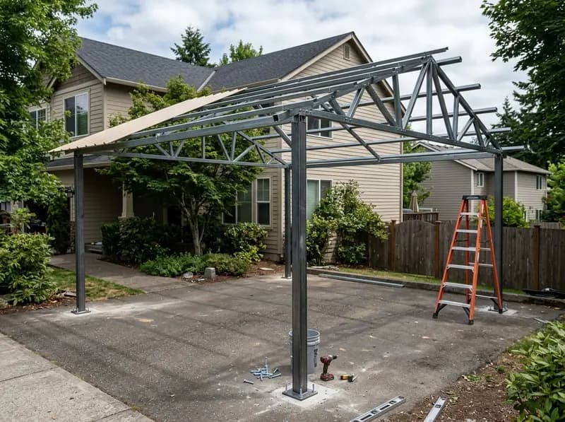Partially assembled steel carport frame mid-installation with roof trusses exposed